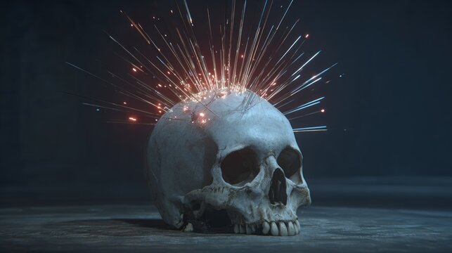 Exploding Skull with Fiery Sparks Symbolizing Ideas and Creativity.