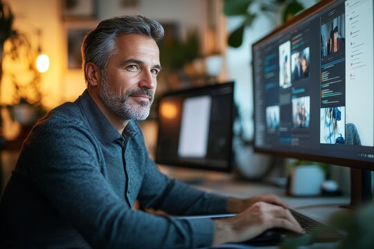 Man sitting at computer with dual monitors