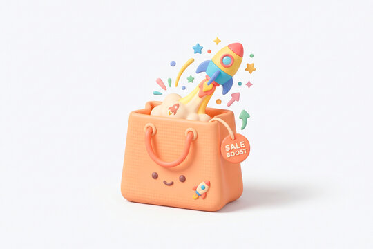 Bolsa de compras en 3D con cohete despegando y etiqueta de incremento de ventas