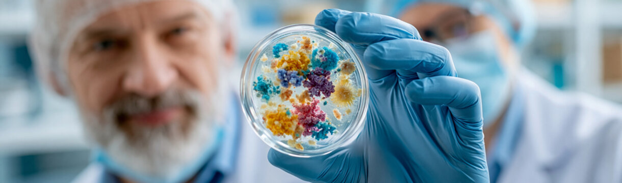 Microbiologist Examining Culture: A focused microbiologist in a lab coat and gloves meticulously examines a petri dish filled with vibrant, colorful microbial cultures.