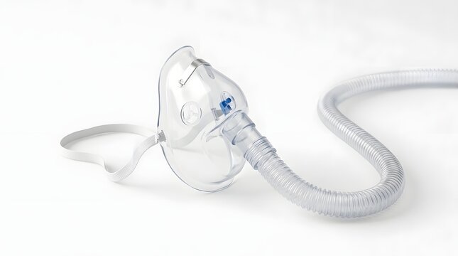 Close up view of a clear plastic medical oxygen mask attached to a flexible breathing tube