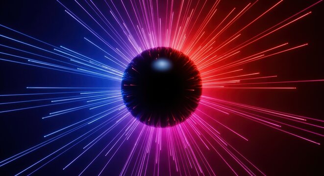 Abstract black sphere with radiating neon light rays