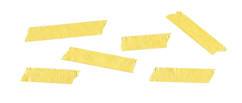 Yellow adhesive masking tape strips scattered on white background. Minimal creative design resource for planners, scrapbook pages, office mockups and handmade projects.