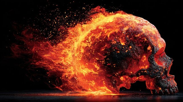 Fiery Skull Exploding into Embers Against Black Background.