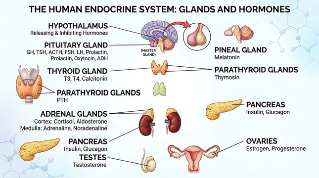 Human Endocrine System Glands and Hormones. Medical Anatomy Diagram for Biology, Health Education & Scientific Presentations