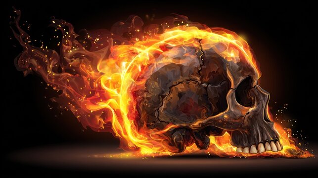 Fiery Skull Exploding into Flames Against Dark Background.