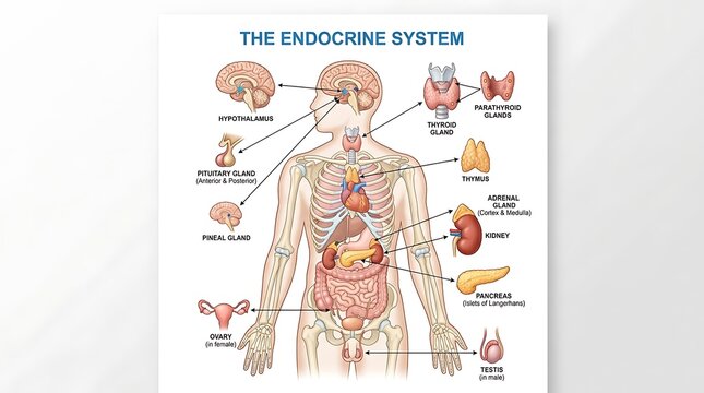 Comprehensive Endocrine System Diagram. Human Gland Anatomy for Medical Education & Health Content