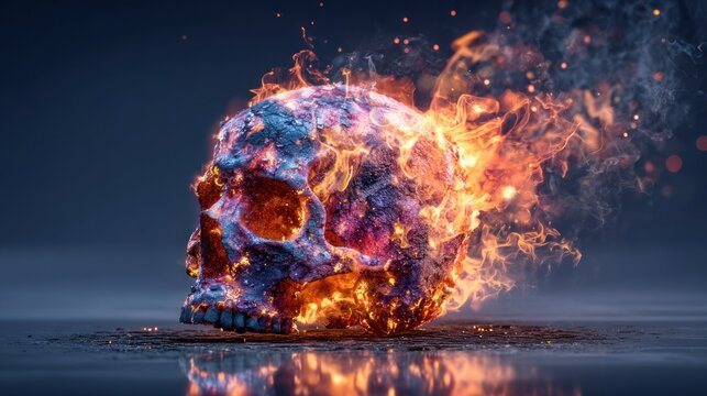 Fiery Skull Exploding with Cosmic Energy and Flames.