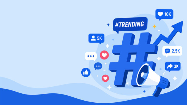 Social Media Trend Explosion: A dynamic illustration symbolizing the viral spread of trends on social media, featuring a large hashtag, megaphone.