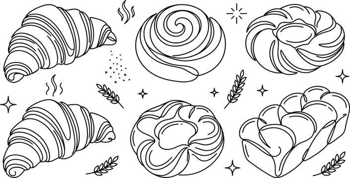Fresh Bakery Pastry Doodle Set featuring French Croissants Cinnamon Rolls Braided Brioche Bread and Wheat Icons