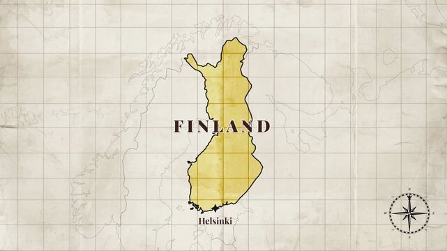 Vintage Finland Map Animation with Helsinki Location on Antique Paper Background