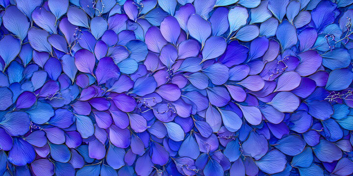 artistic top view of a decorative pattern made from hundreds of pressed blue and purple flower petals under glass