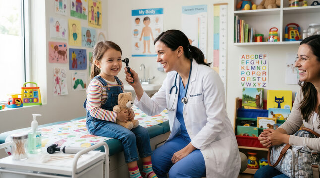 Happy little girl receiving ear exam during pediatric clinic visit