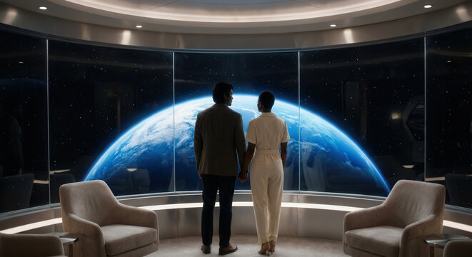 Couple holding hands viewing Earth through panoramic space station window