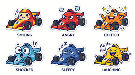 Fototapeta premium Cute formula race car character with expressive emotions, flat simple vector style, smiling, angry, excited, shocked, sleepy, laughing reactions, colorful cartoon mascot, clean outline, isolated white