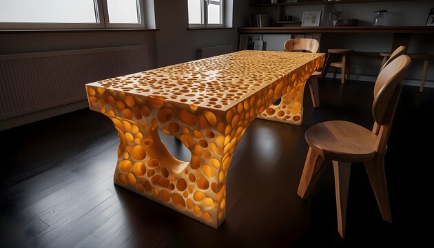 Rectangular table with porous texture inspired by yellow cheese surface, playful modern furniture design with organic details and artistic interior style