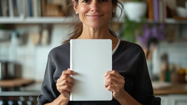 A joyful woman stands in her beautiful kitchen, confidently holding a blank sheet of paper, eager for creative ideas