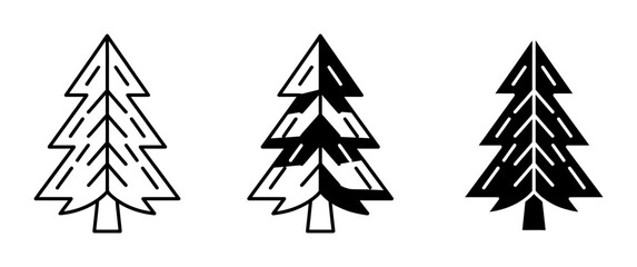 Three Pine Tree Icons, Simple Line Art and Silhouette Styles, Evergreen Forest Elements © Taskin
