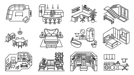 Naklejka premium Collection of Hand Drawn Interior Design Floor Plans and Layouts.