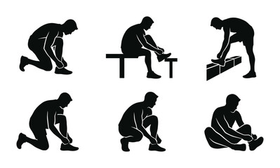 Shoe Tying Silhouette Collection, Athletic Footwear Lacing Icons, Sports Gear Preparation Graphics © Taskin
