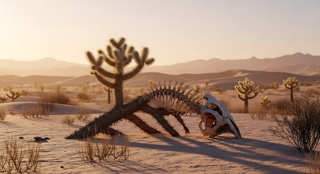 A surreal artistic composition featuring a skeletal structure integrated with a cholla skeleton in a vast desert landscape under soft sunset lighting
