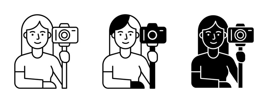 Vlogger Icons, Selfie Stick Camera, Person Capturing Moments, Digital Content Creator Graphics