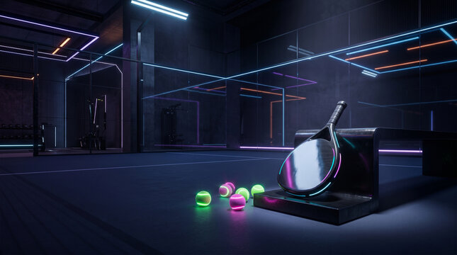 Padel racket and balls in futuristic dark neon sports club interior