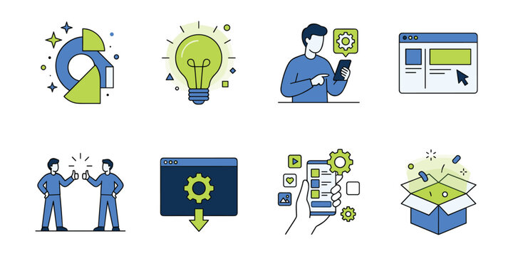 Software development process and digital product launch vector icon set, featuring creative programming ideas, mobile app settings, and system configuration web layouts