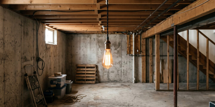 Single vintage edison light bulb hanging from wooden ceiling beams in unfinished concrete basement room creating moody atmospheric lighting and shadows in.