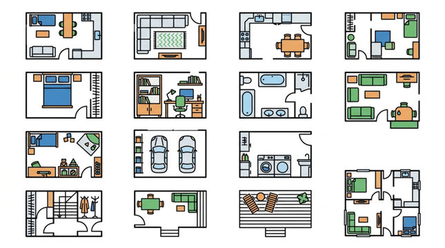 Collection of various floor plan layouts for apartments and houses.