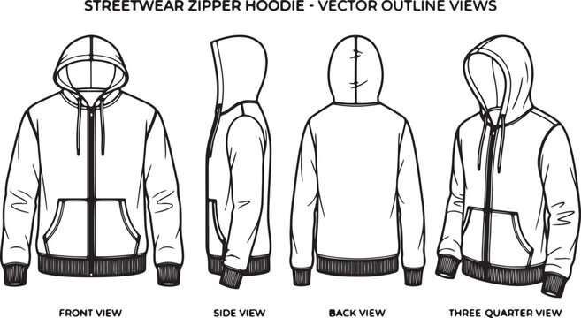 Streetwear blank zipper hoodie vector outline template featuring front, side, back, and three quarter views for fashion mockup
