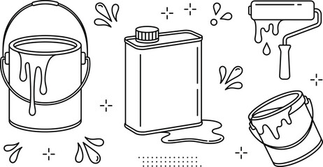 House Renovation Paint Can Bucket and Roller Icon Set with Liquid Splatters and Solvent Metal Tin © PJ DeSign
