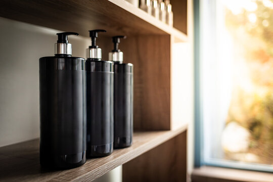 Black cosmetic pump bottles on a wooden shelf in a spa salon with copy space