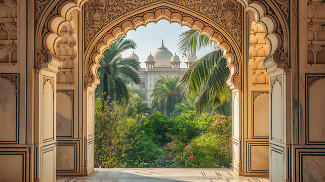 Mughal garden illustration with peacock and parrot botanical landscape and Indian architecture
