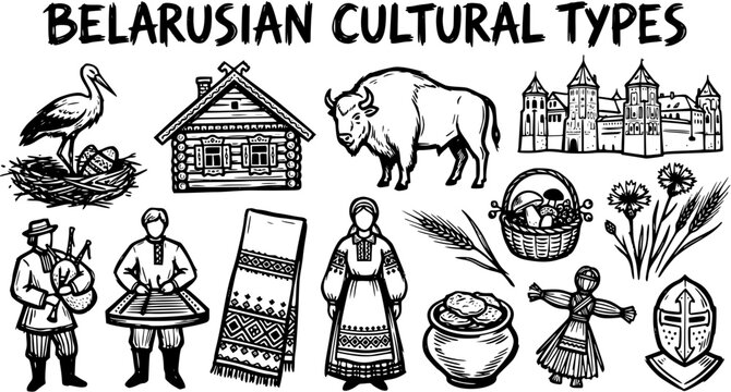 Belarusian Cultural Types Line Art Set. Hand-Drawn Traditional Symbols, Folk Icons, and Historical Heritage of Eastern Europe in Black and White Sketch Style.