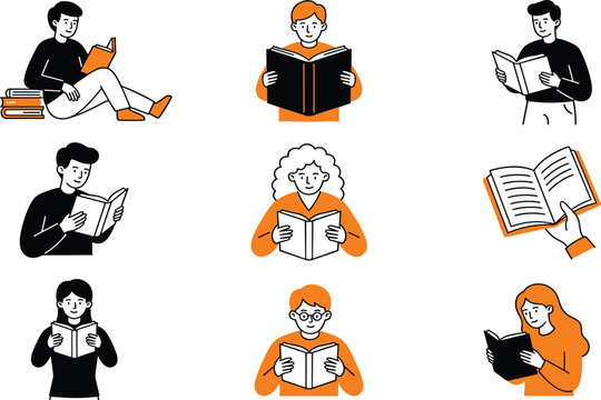 Education and reading lifestyle vector icon set, featuring diverse students holding books, remote literature study, online learning library, and academic book club graphics
