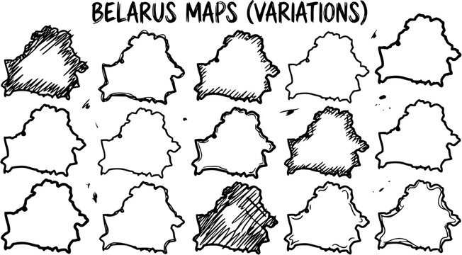 Hand-drawn Sketchy Black and White Belarus Map Variations Set. Doodle style country outlines for geography, travel, and educational design projects.