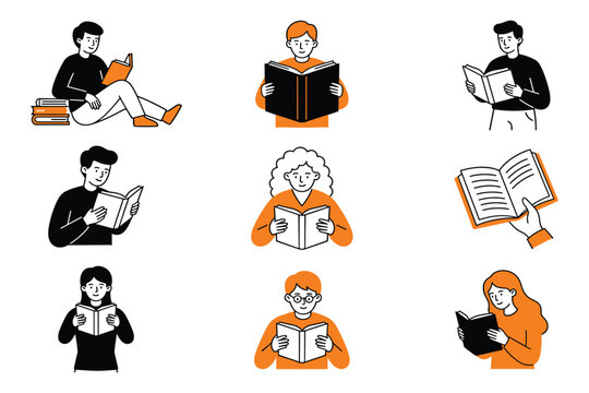 Education and reading lifestyle vector icon set, featuring diverse students holding books, remote literature study, online learning library, and academic book club graphics