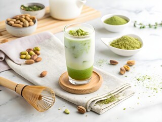close-up of Iced Matcha Pistachio Latte with Crushed Nuts on Elegant Marble Background