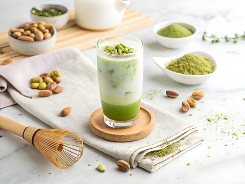 close-up of Iced Matcha Pistachio Latte with Crushed Nuts on Elegant Marble Background