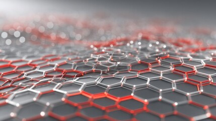 Naklejka premium Abstract hexagonal lattice structure, with red highlights and light effects, creating a futuristic, technological, and interconnected design