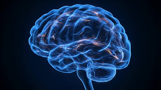 Glowing digital human brain model showing active neural connections on dark background