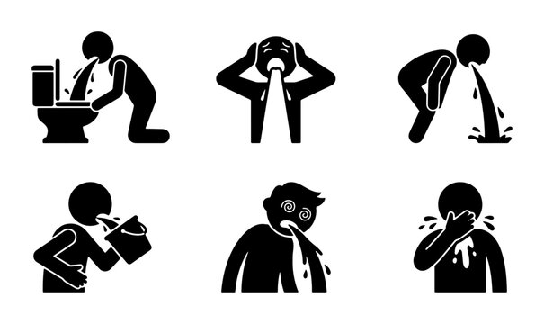 Nausea and Vomiting Stick Figure Icons, Sickness and Illness Pictograms, Digestive Distress and Discomfort Symbols