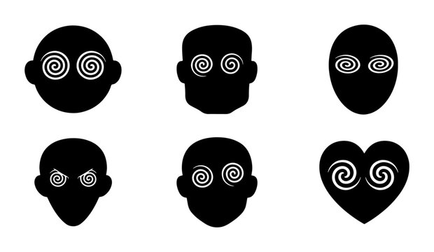 Hypnosis Icons Set, Spiral Eyes Silhouettes, Mind Control Symbols, Psychedelic Visuals, Vector Graphics for Mental Health Concepts