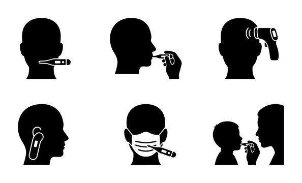 Medical Thermometer Icons Set, Temperature Check Symbols, Health Monitoring Graphics, Fever Detection Pictograms, Diagnostic Tools Vector Collection