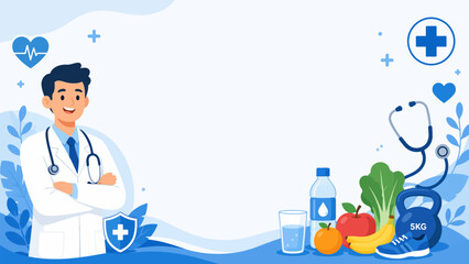 Medical Professional with Health Icons: A smiling doctor stands with folded arms, surrounded by health and wellness symbols like a heartbeat, stethoscope, cross, and fresh produce. © Ahmed