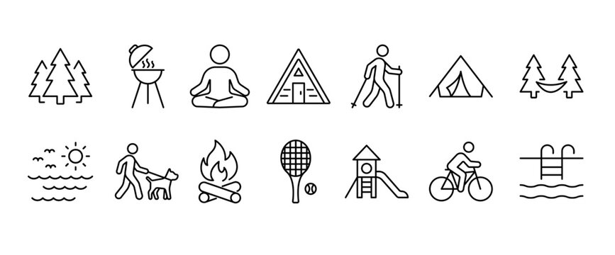 Clean line icons symbols for outdoor adventures, from glamping and sports to relaxation in nature. Including camping, hiking, cycling, dog walking and active summer recreation. 