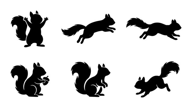 Six Silhouette Squirrel Vector Icons, Dynamic Poses, Wildlife Animal Graphics, Nature Elements, Black and White Illustration