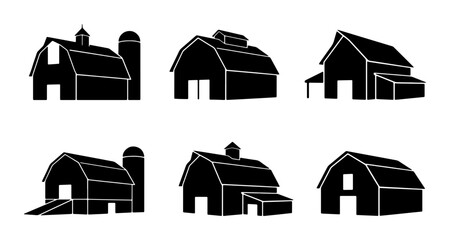 Farm Barn Silo Icons, Rustic Agricultural Building Silhouettes, Rural Countryside Structures Vector Set © Towhidul