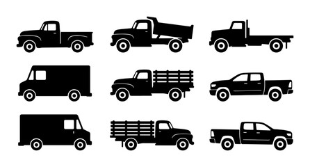 Diverse Truck Silhouettes Collection, Vintage and Modern Pickup, Dump, and Box Vans Vector Icons for Commercial Transport and Logistics © Towhidul